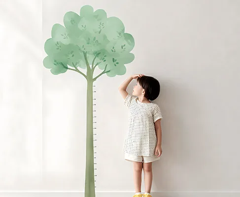 벽면 키 눈금 앞에 선 아이 · 와봄한방병원 성장·성조숙증